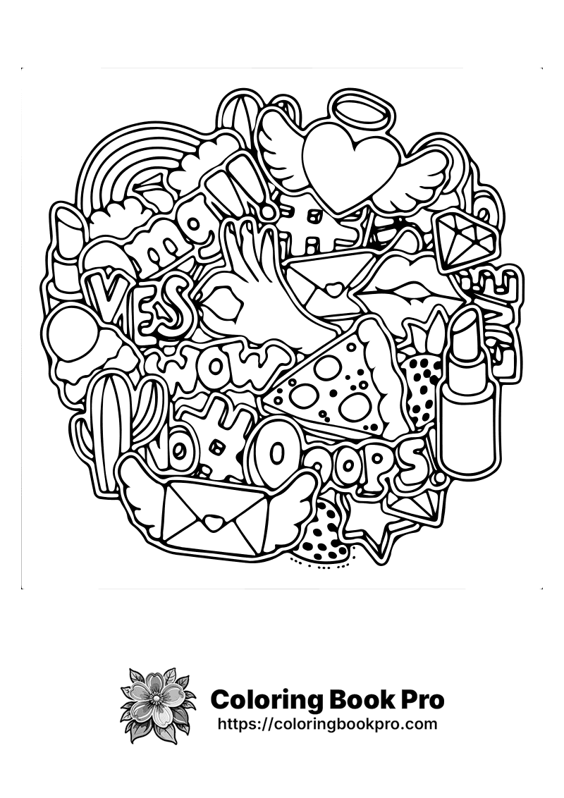 A black and white coloring page has a lot of different things in it. icon