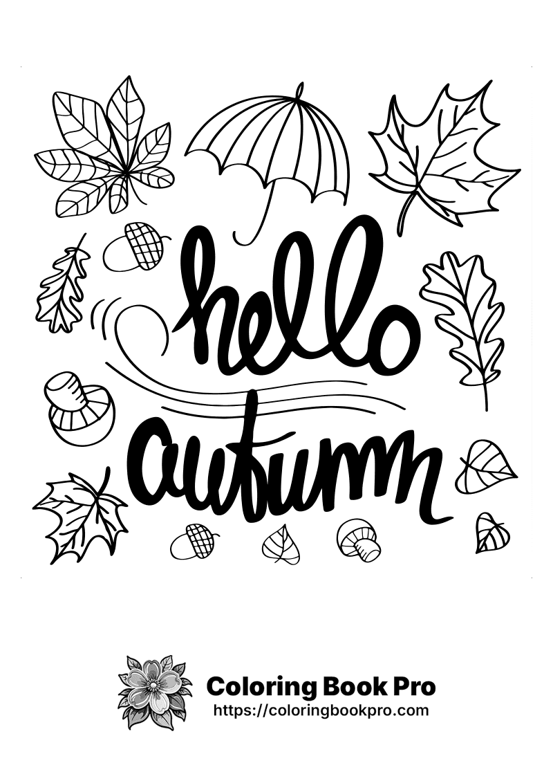 A black and white autumn coloring page that says hello autumn icon