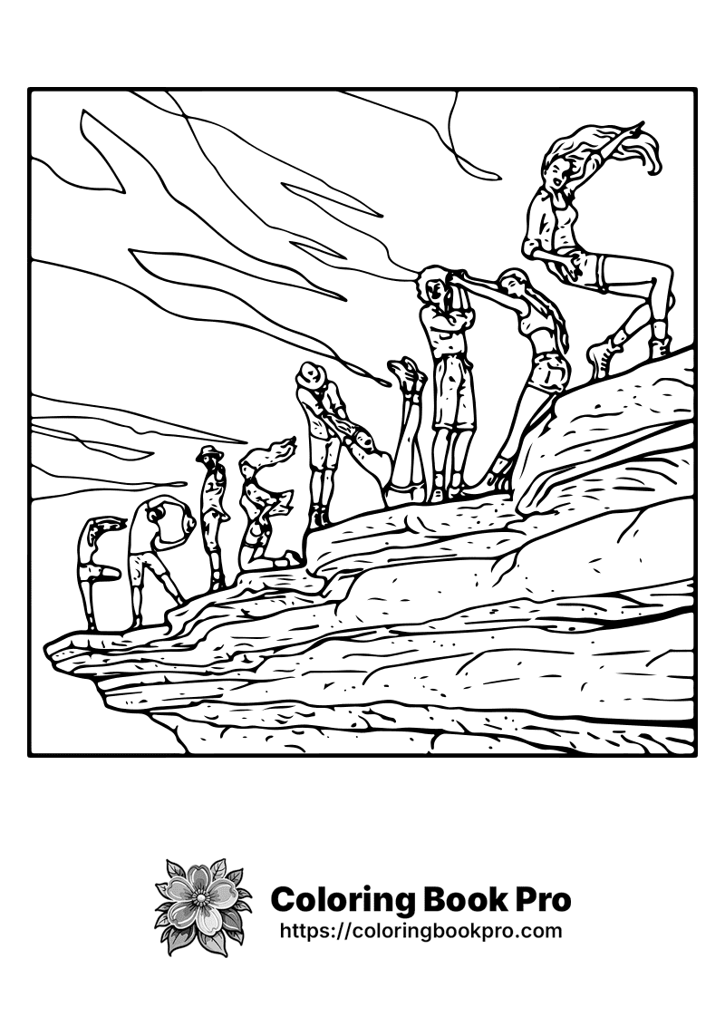 A black and white drawing of people climbing a mountain. icon
