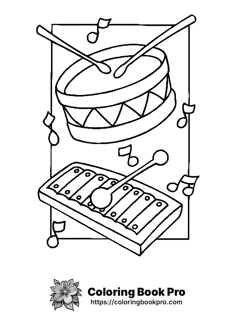A drum and xylophone with musical notes around them. icon