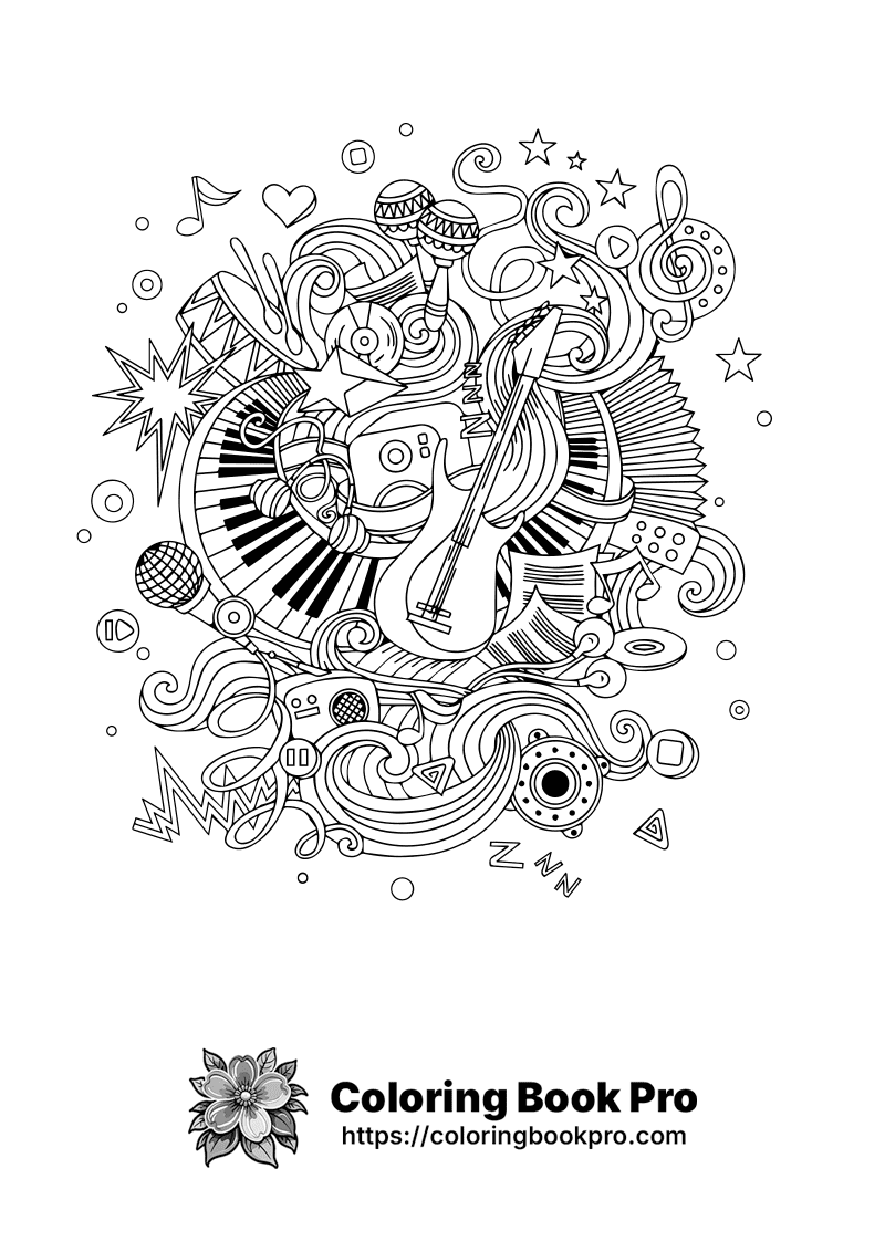 A black and white illustration of a guitar and musical notes. icon