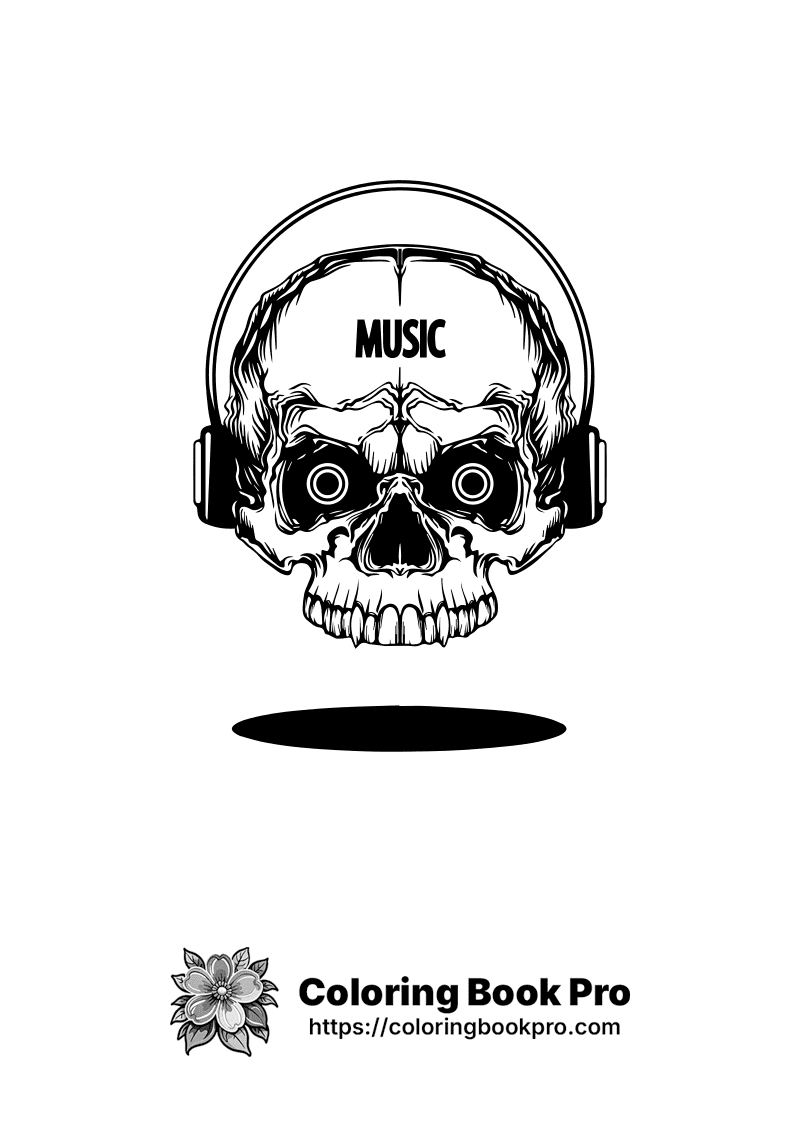 A skull with headphones and the word music above it. icon