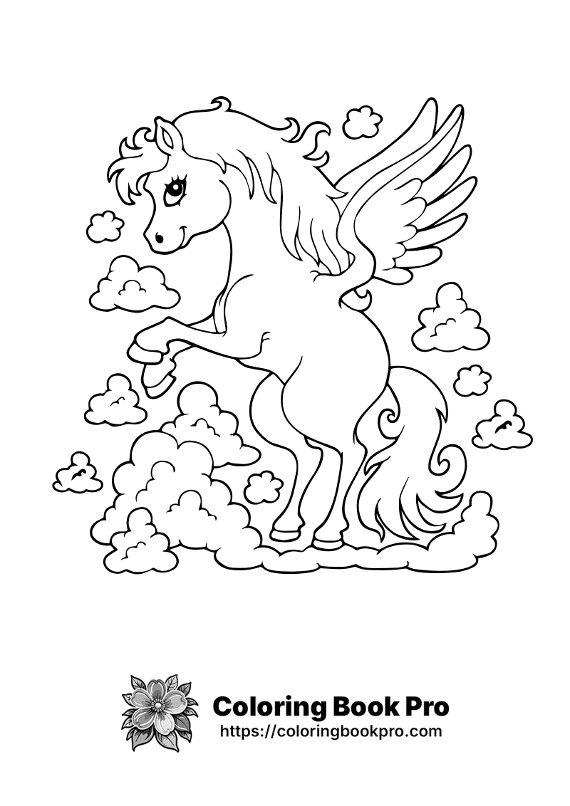 A black and white drawing of a flying pegasus. icon