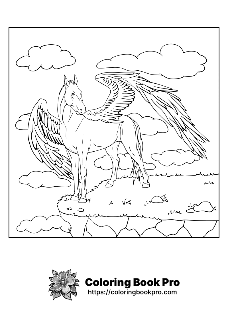 A horse with wings is standing in the clouds. icon
