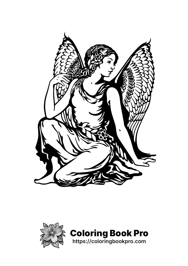 A black and white drawing of an angel. icon