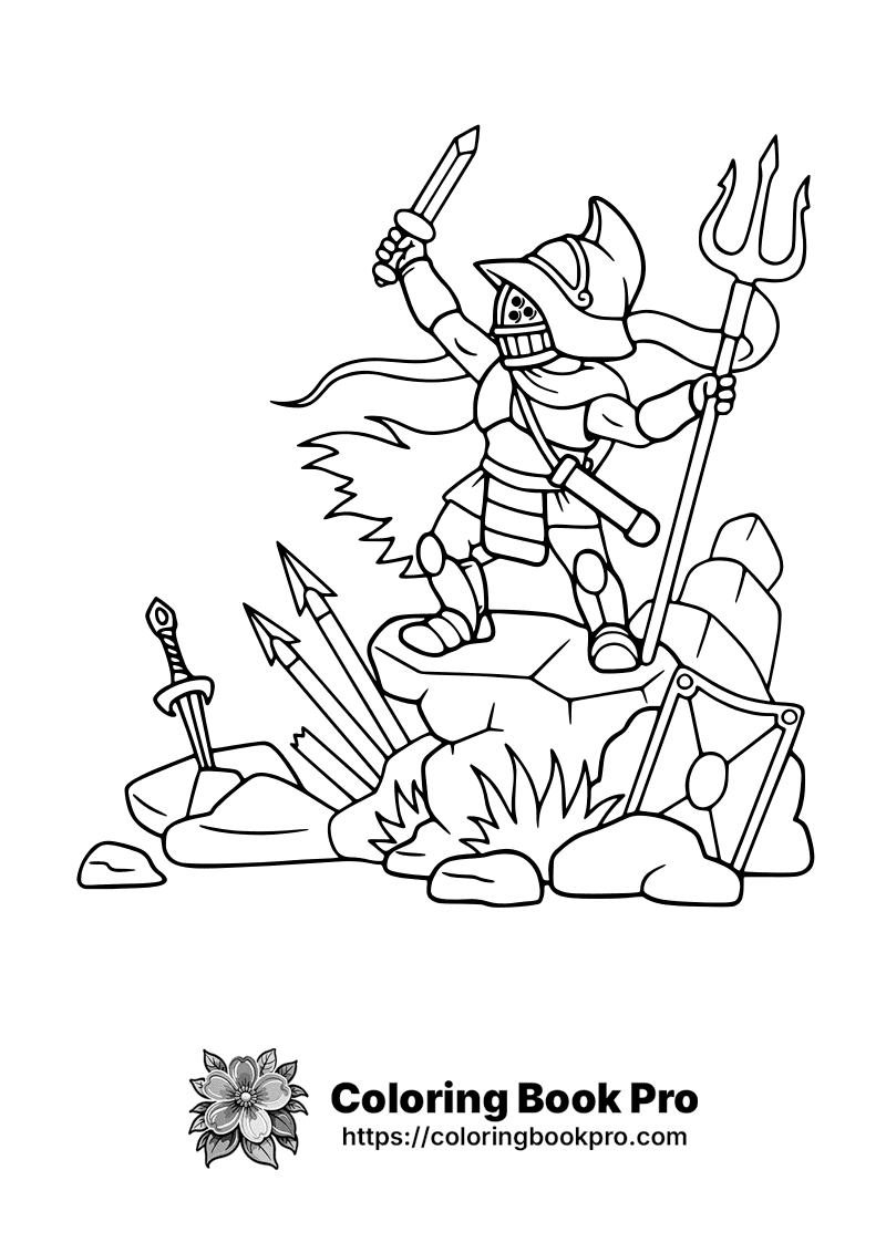 A black and white image of a knight with a trident. icon