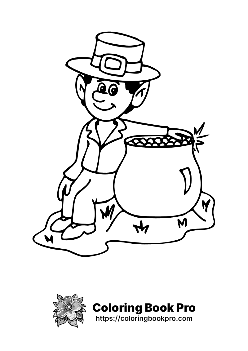 A black and white drawing of a boy with a pot of gold. icon