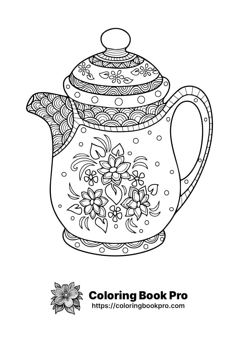 A drawing of a teapot decorated with flowers. icon