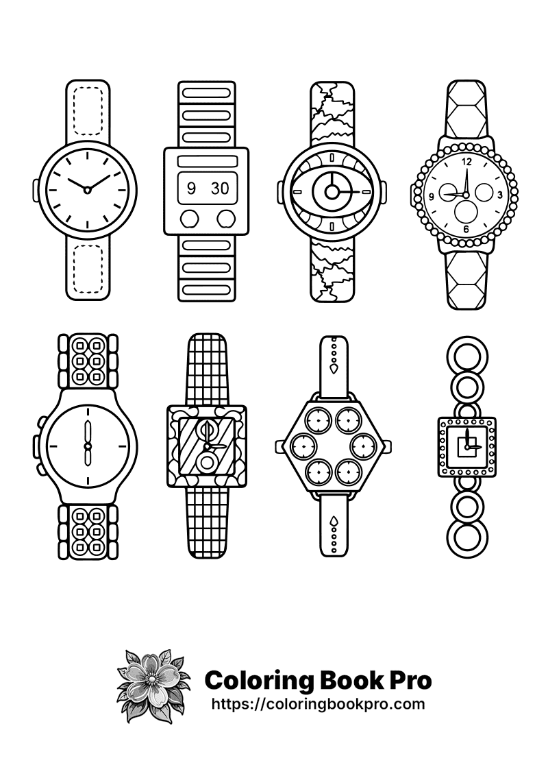 A series of watches are shown in black and white. icon