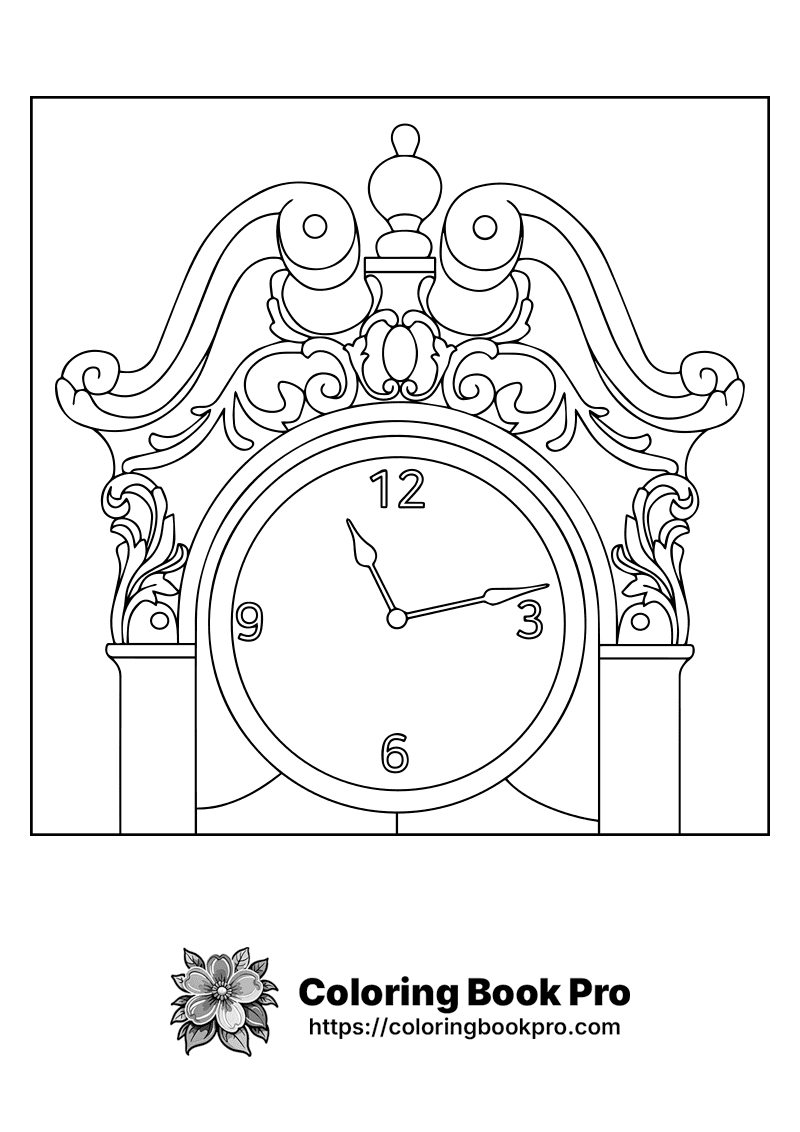 A drawing of a clock with ornate decorations on it. icon
