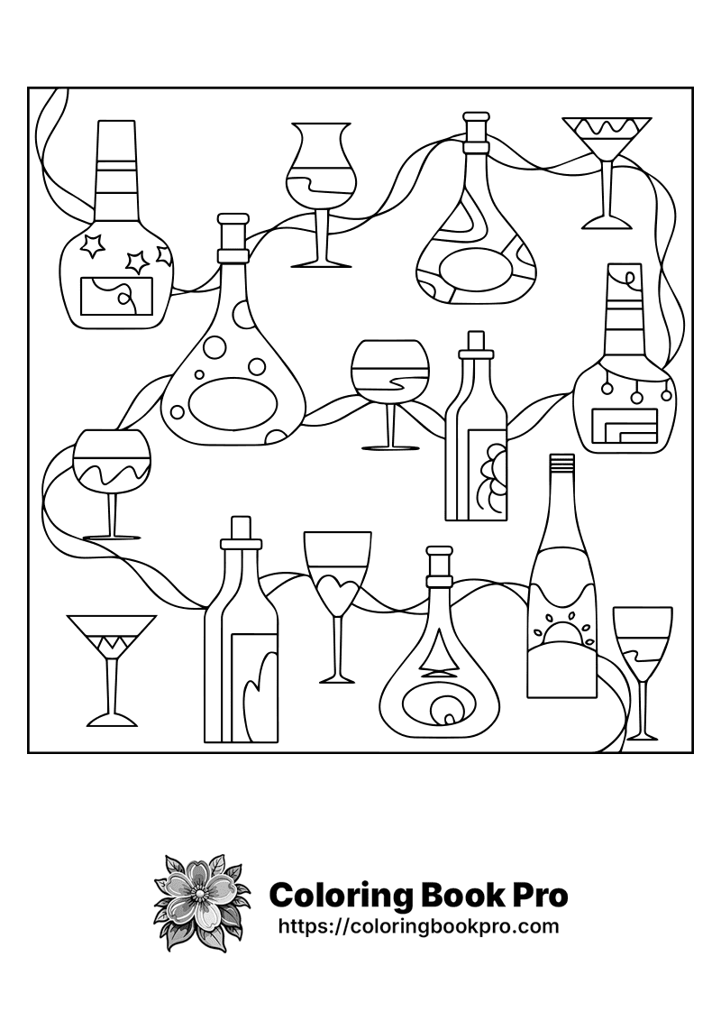A black and white illustration of wine glasses and bottles. icon