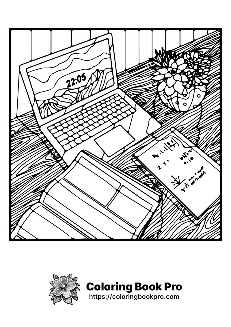 A black and white picture of a laptop on a desk. icon