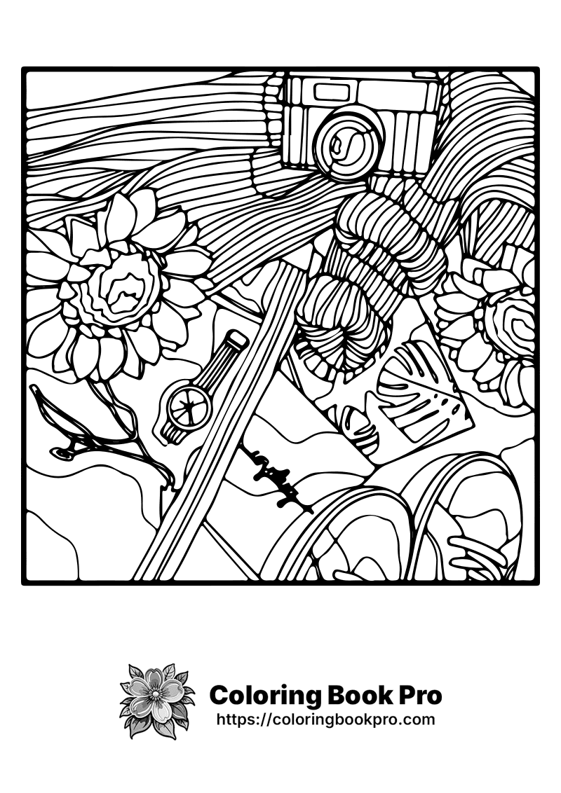A drawing of a camera, watch, and flowers. icon