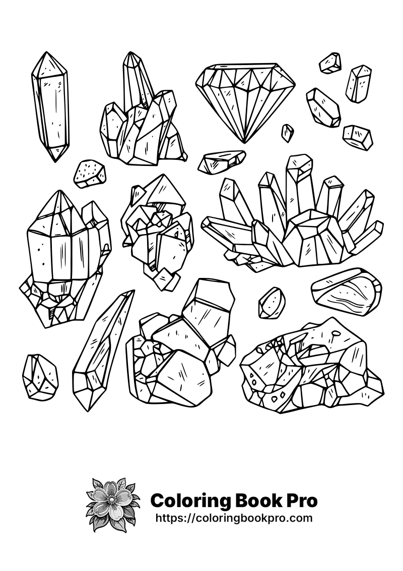 A black and white drawing of crystals and diamonds. icon