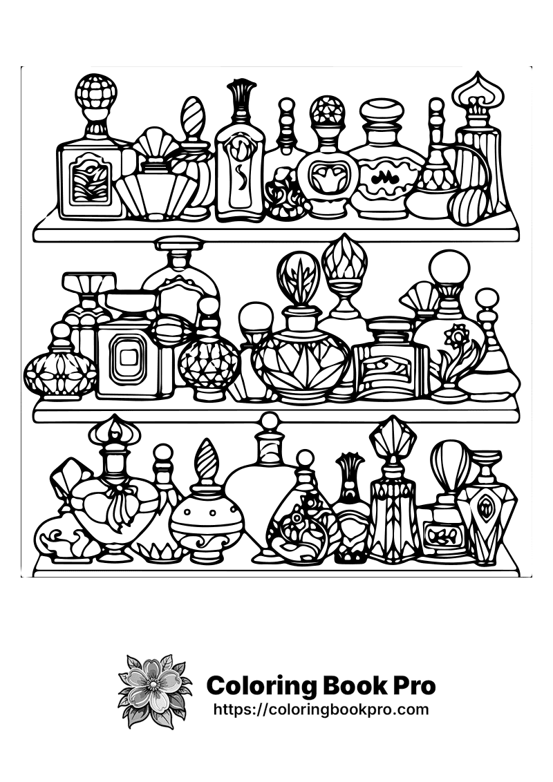 A set of three shelves with perfume bottles. icon
