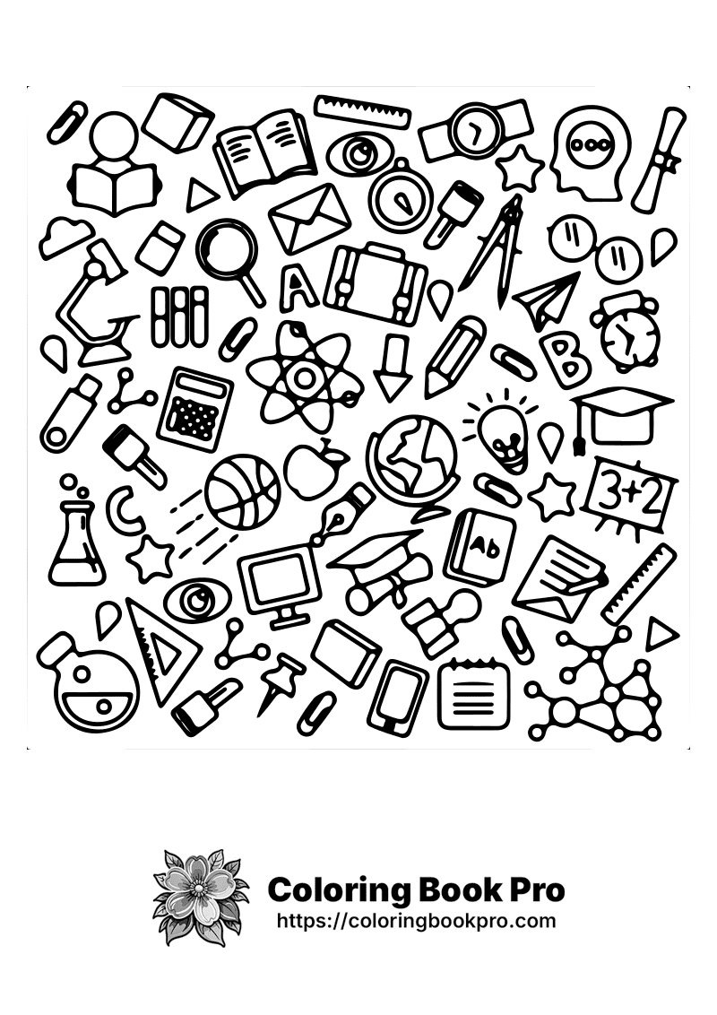 A black and white illustration of school related items. icon