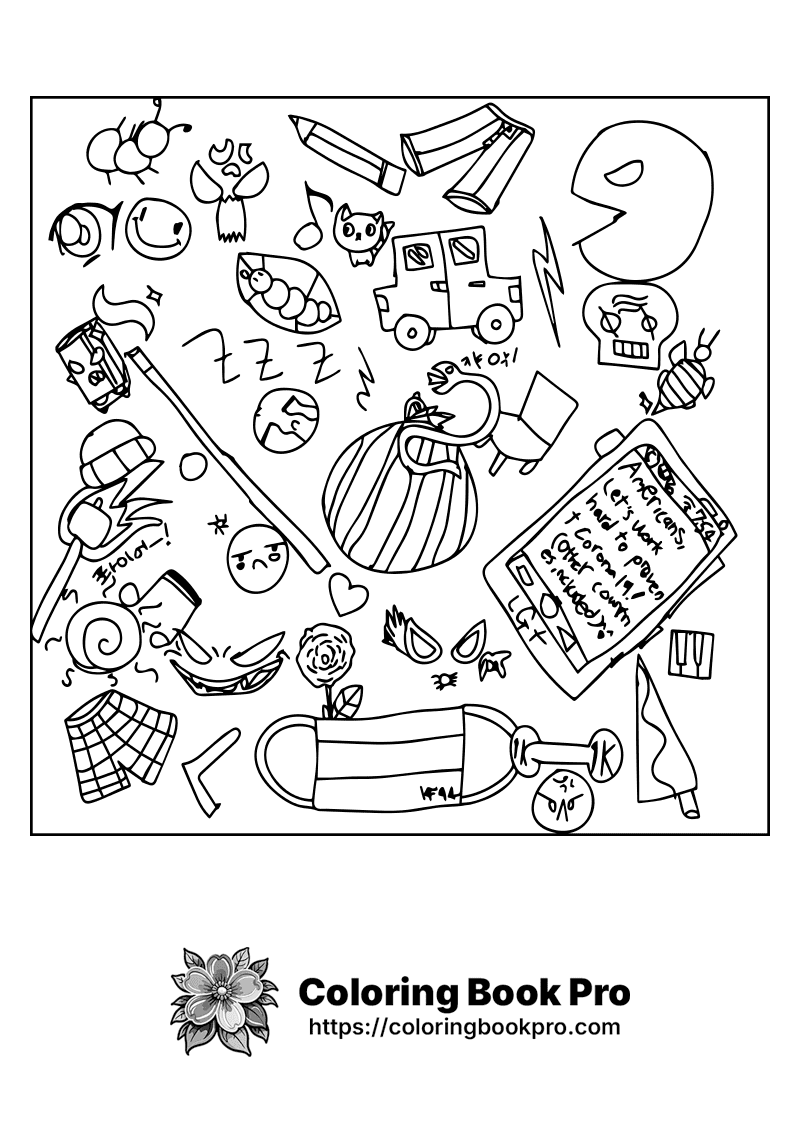 A black and white drawing of a bunch of things. icon