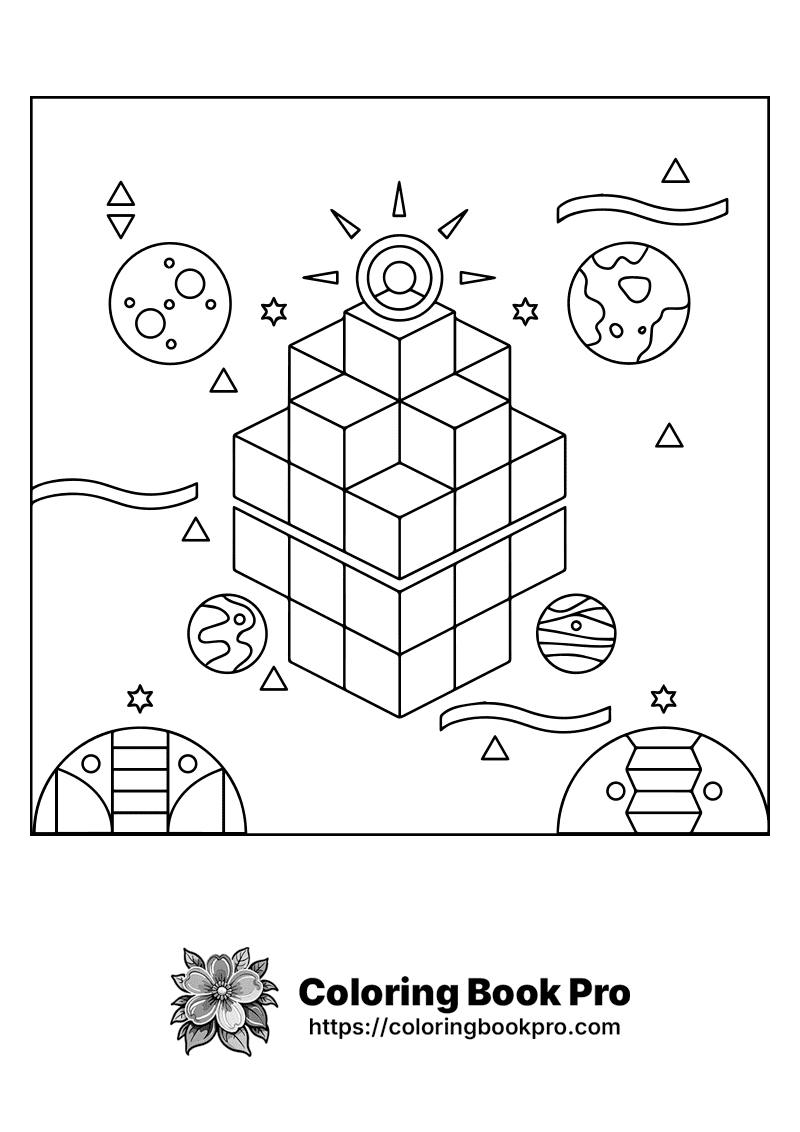 A black and white image of a cube surrounded by other shapes. icon