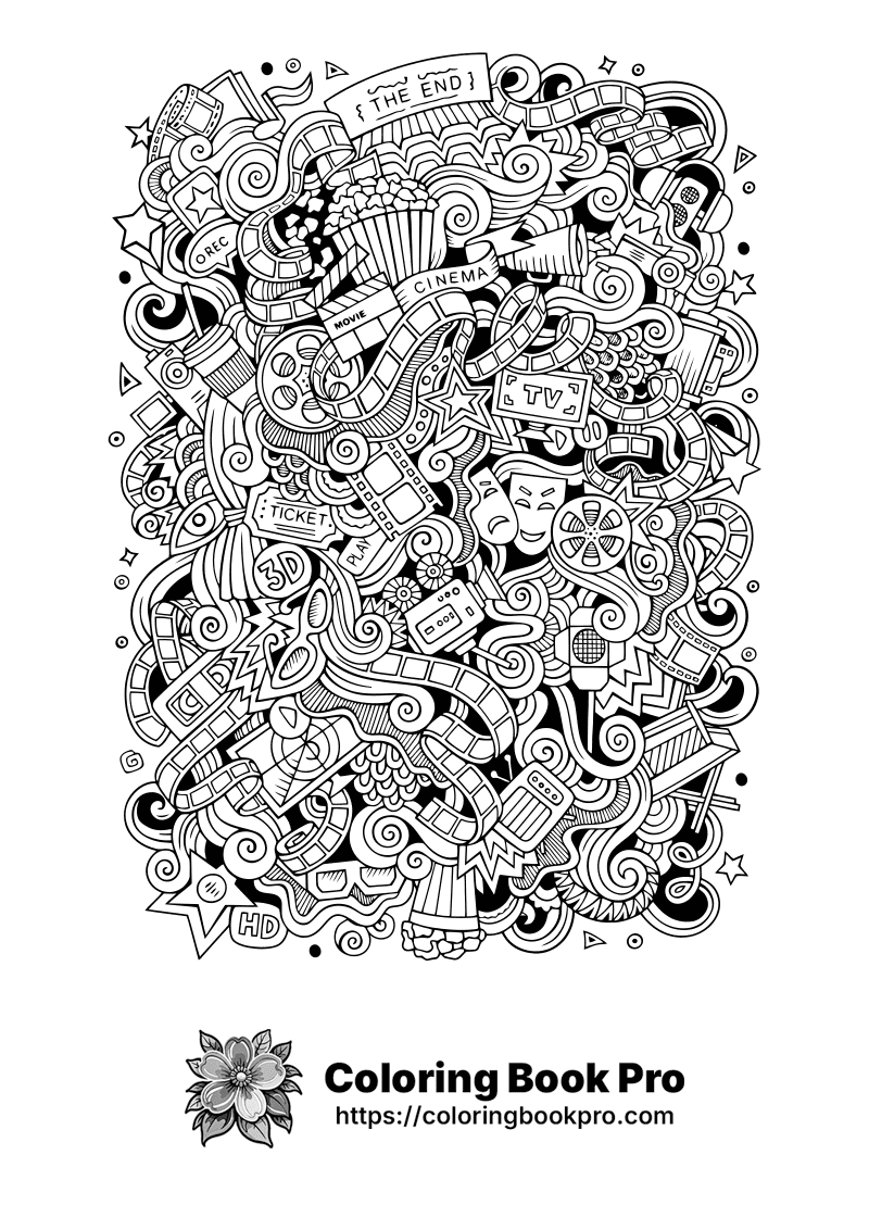 A black and white doodle drawing of a movie ticket. icon