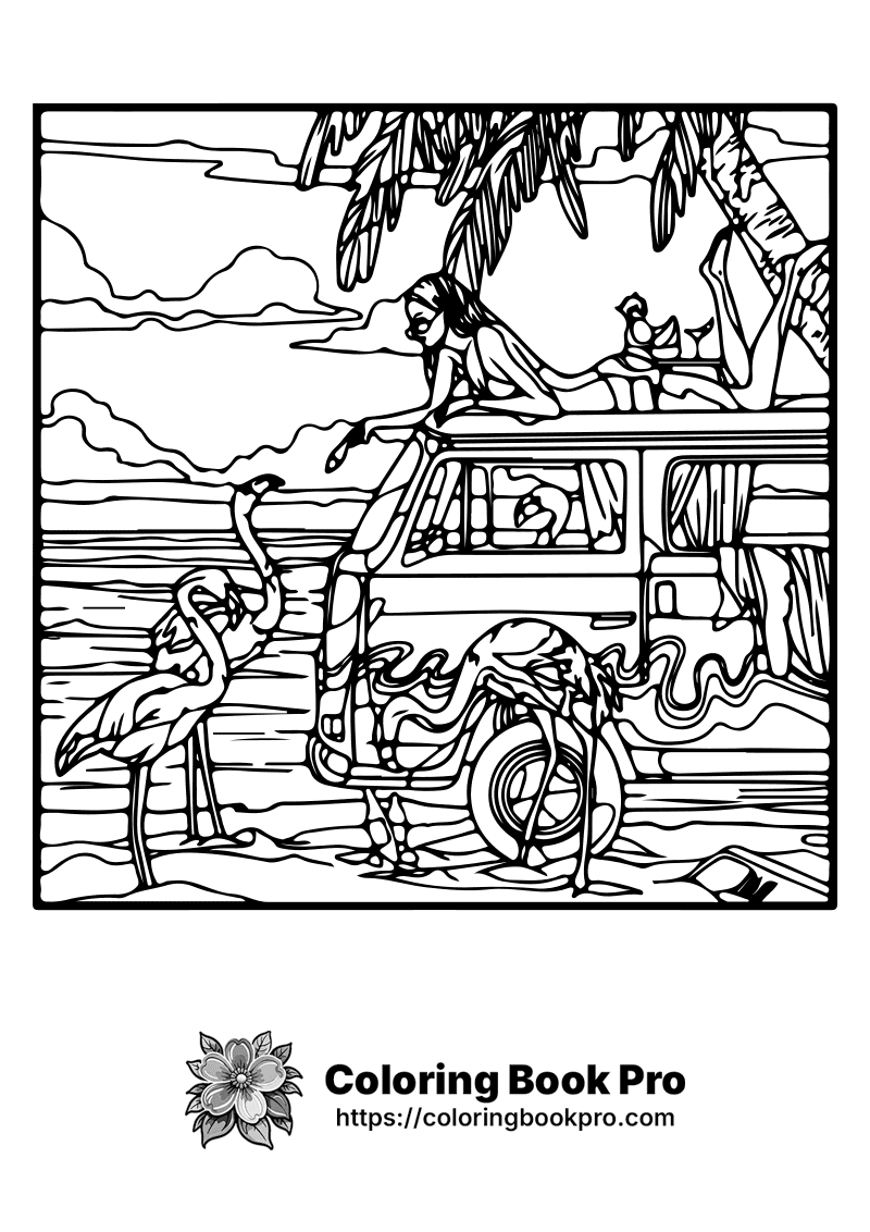 A black and white picture of a van and flamingos. icon