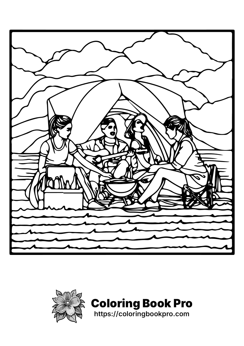 A black and white picture of a family sitting around a campfire. icon