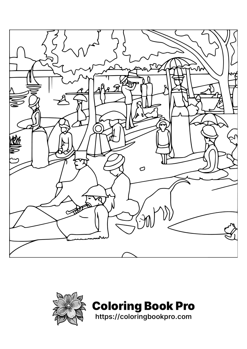 A black and white drawing of people in a park. icon