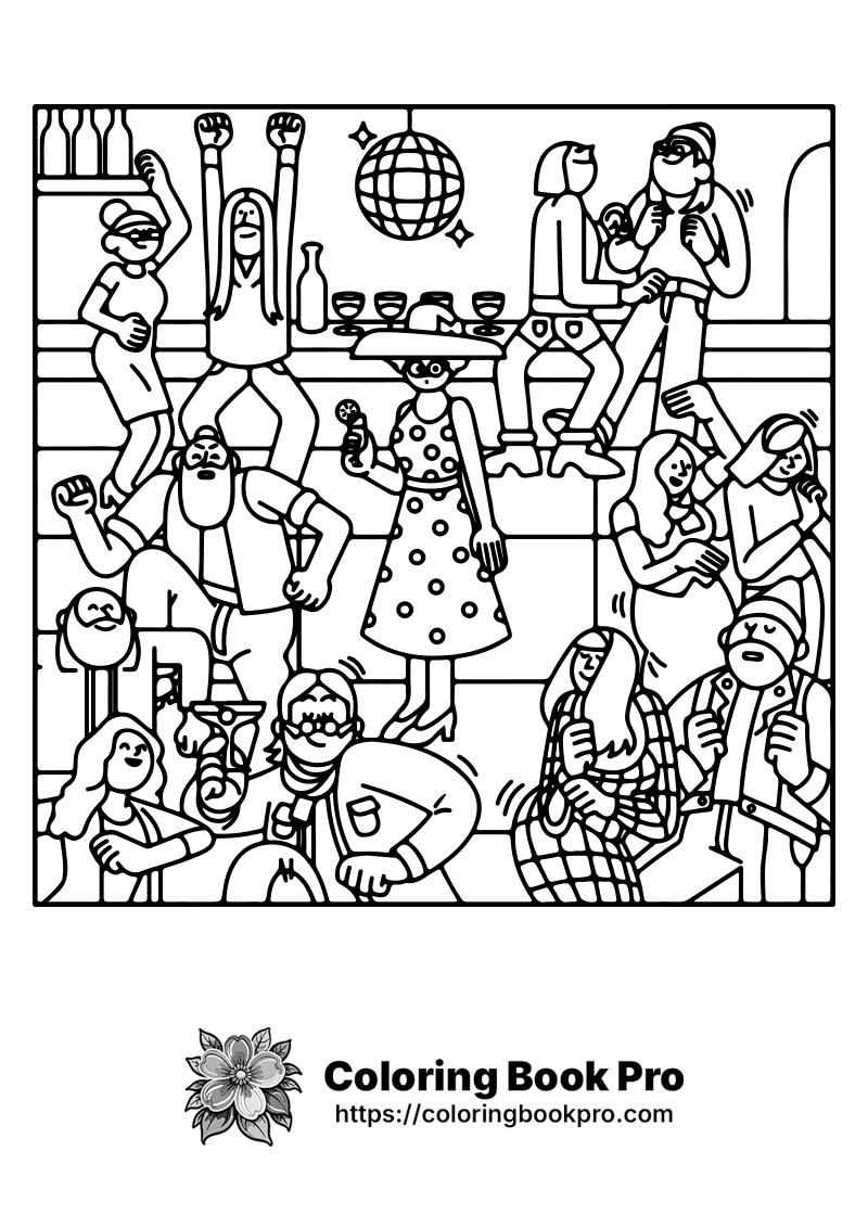 A black and white drawing of people in a room. icon
