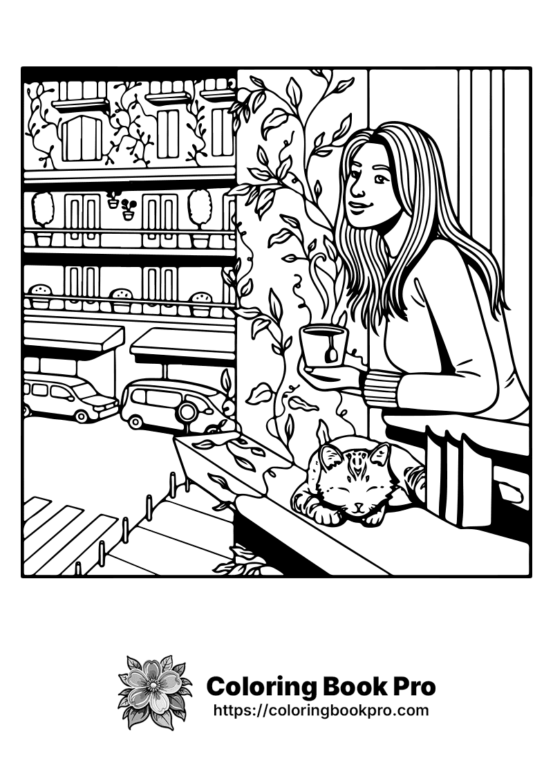 A woman with a cup of coffee looking at a cat. icon