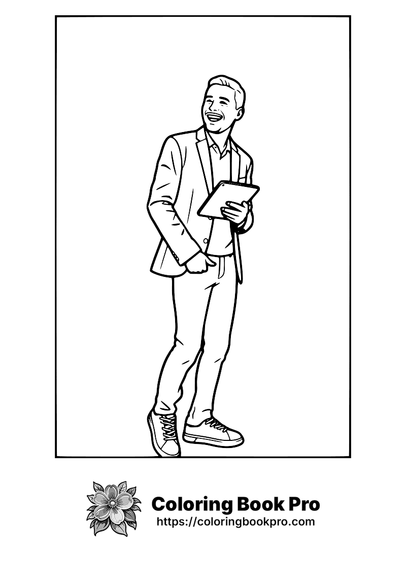 A man with an open, joyful smile holds a tablet and stands casually dressed in a jacket and sneakers. icon