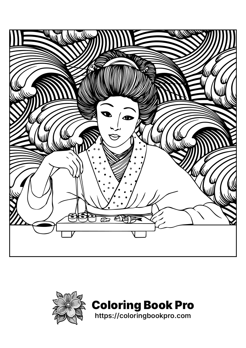 A black and white drawing of a geisha icon
