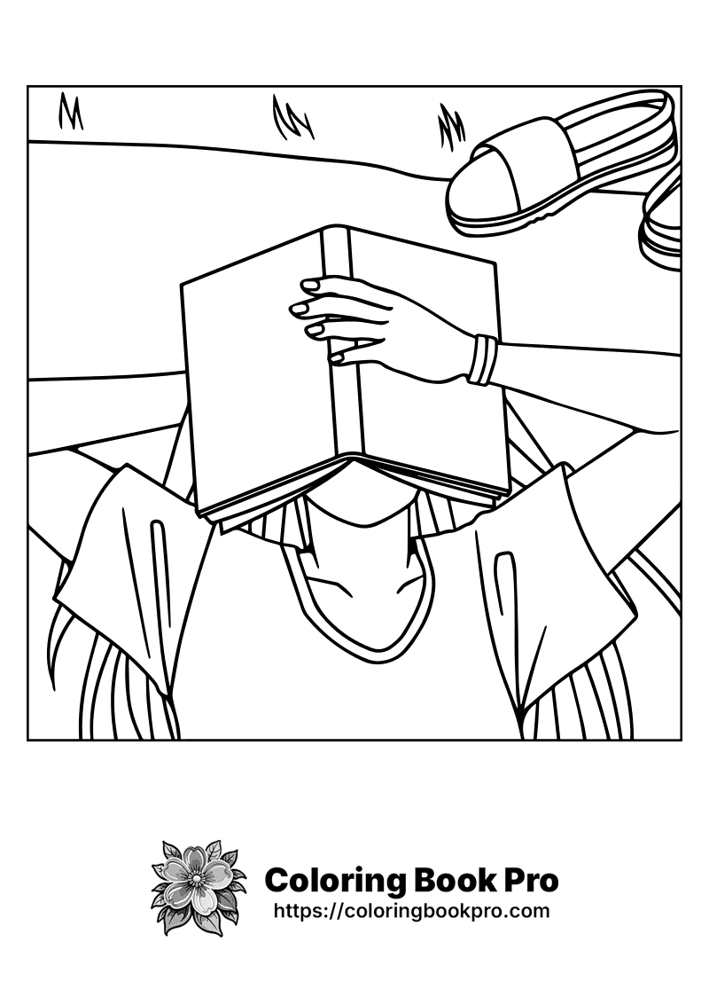 A person reading a book with a pair of shoes above. icon