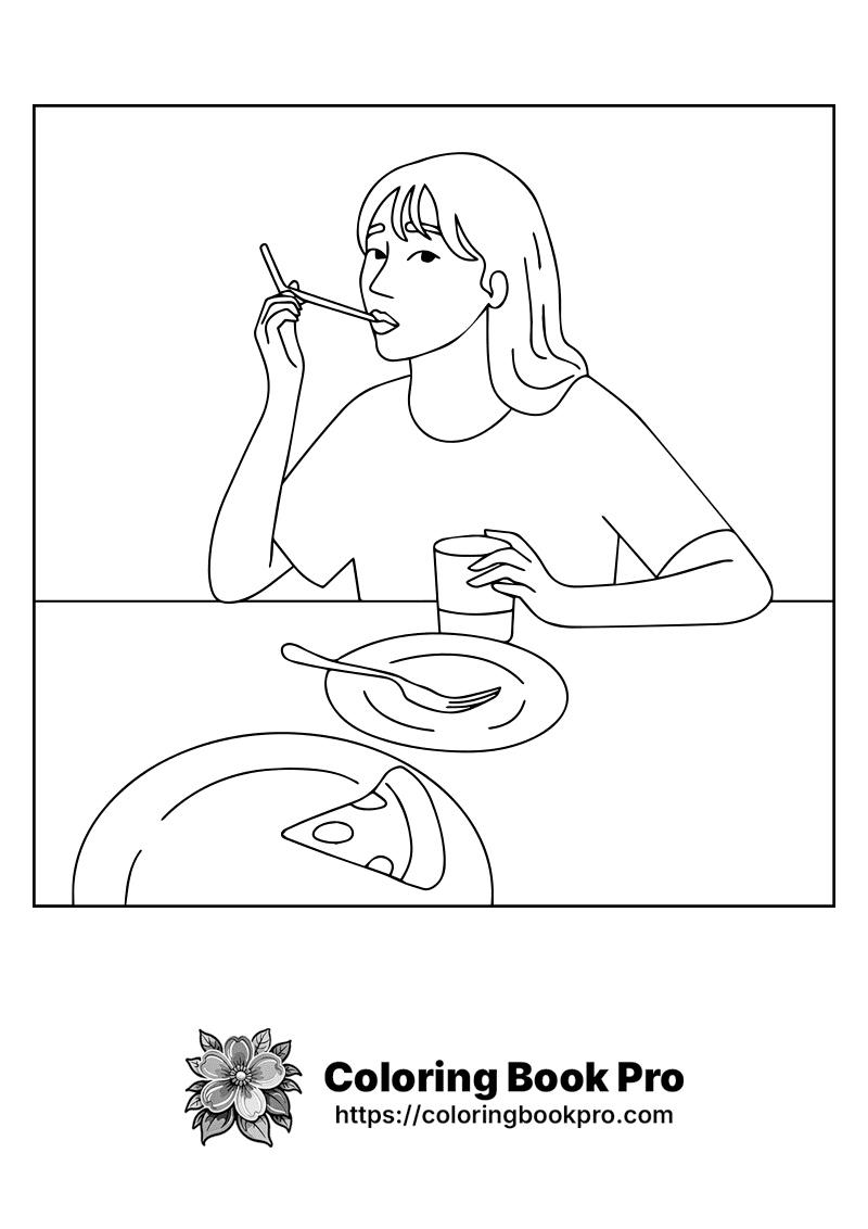 A woman eating at a table with a slice of pizza. icon