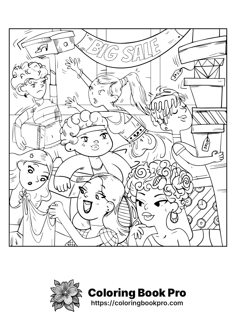 A black and white drawing of a group of people shopping in a store. icon