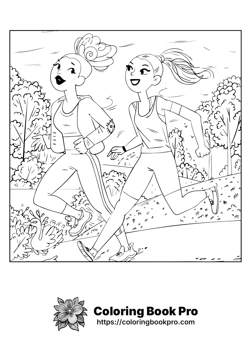 A black and white drawing of two girls running. icon