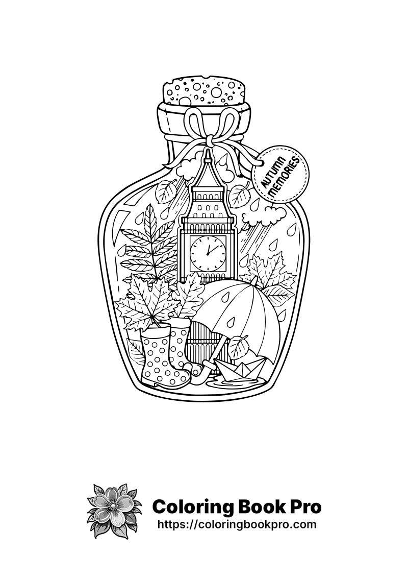 A black and white drawing of a vase filled with autumn items. icon