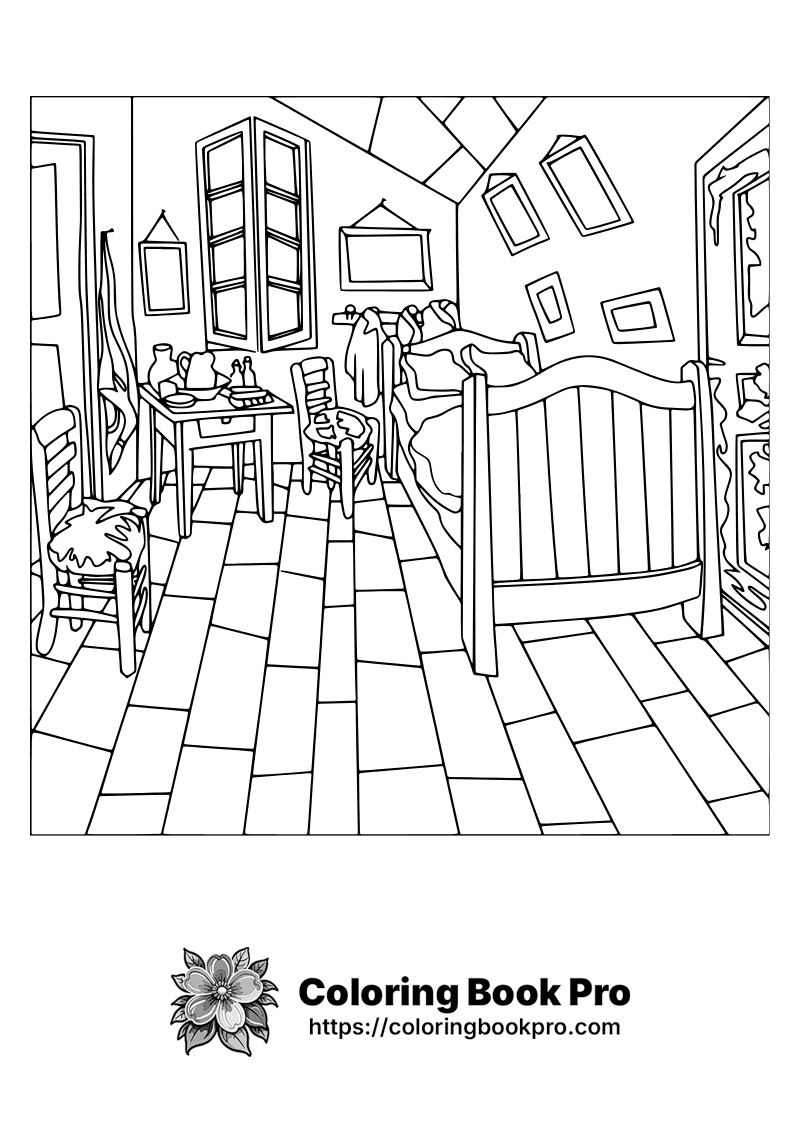A black and white drawing of a bedroom. icon