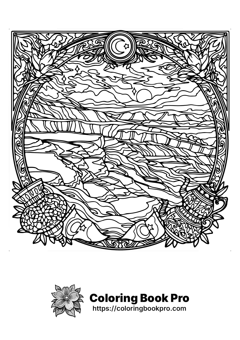 A black and white drawing of a landscape. icon