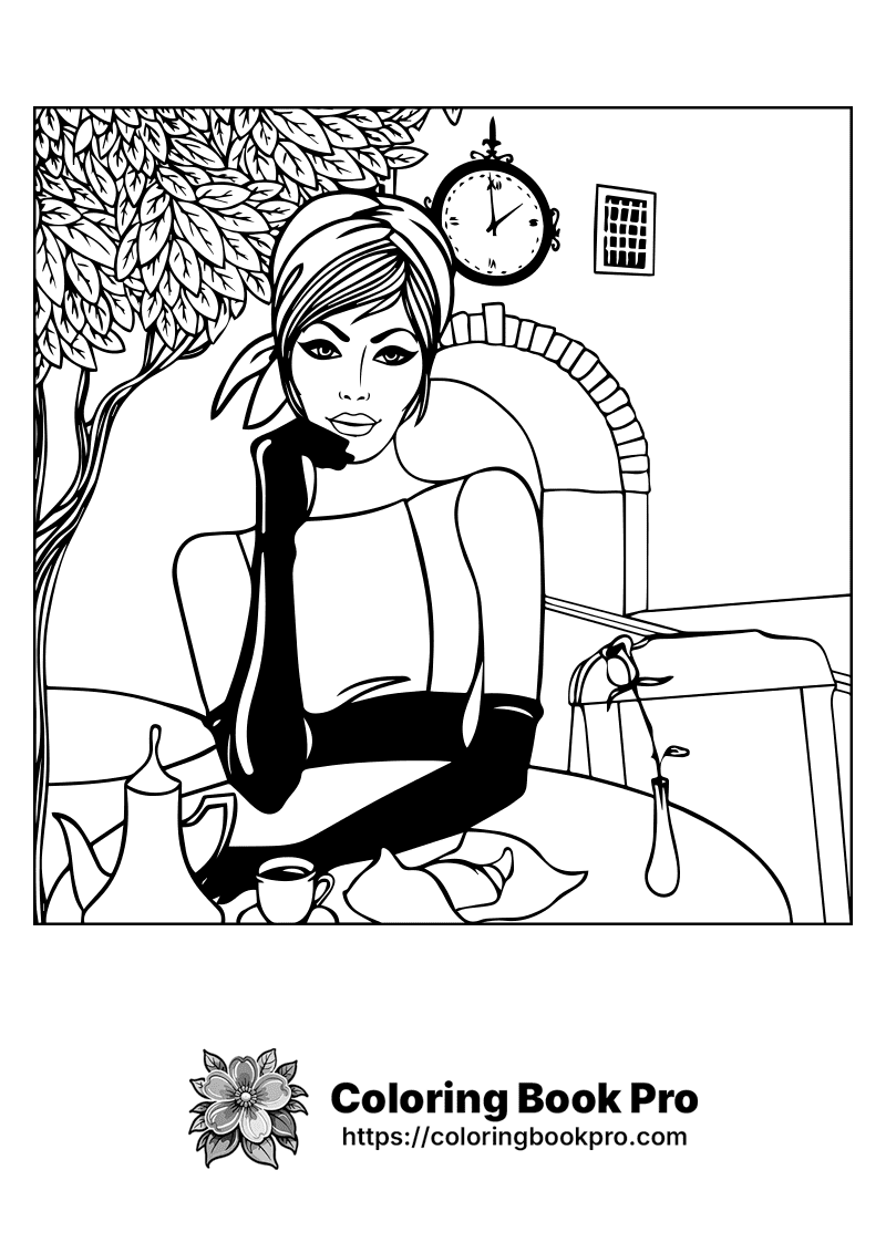 A woman sitting at a table with a tea pot. icon
