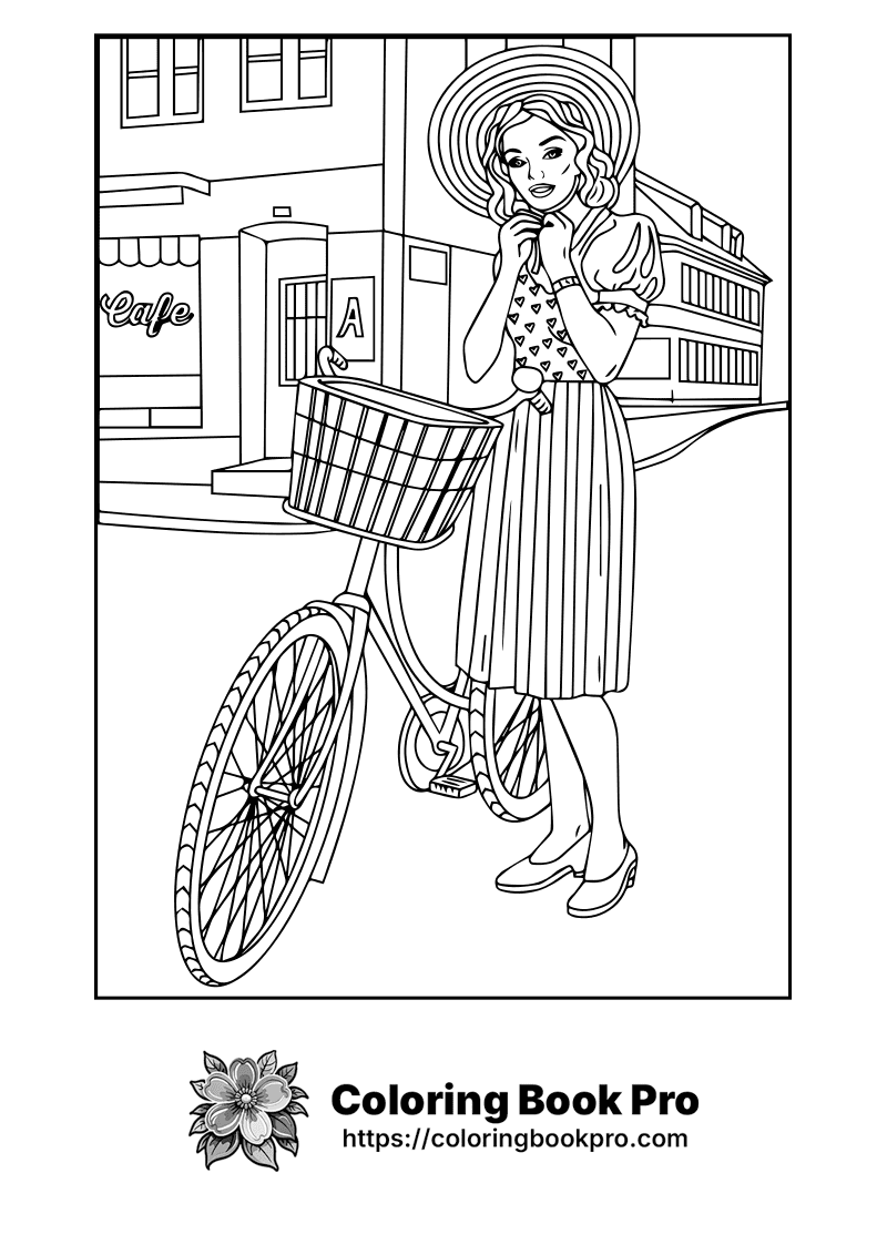 A woman with a basket on a bicycle. icon