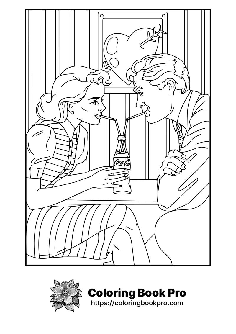 A man and woman sitting at a table drinking coke. icon