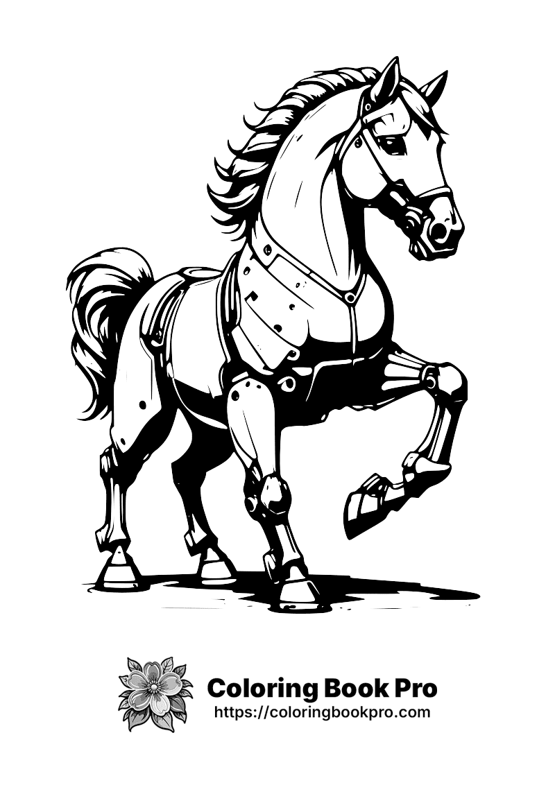 A black and white drawing of a horse wearing armor. icon