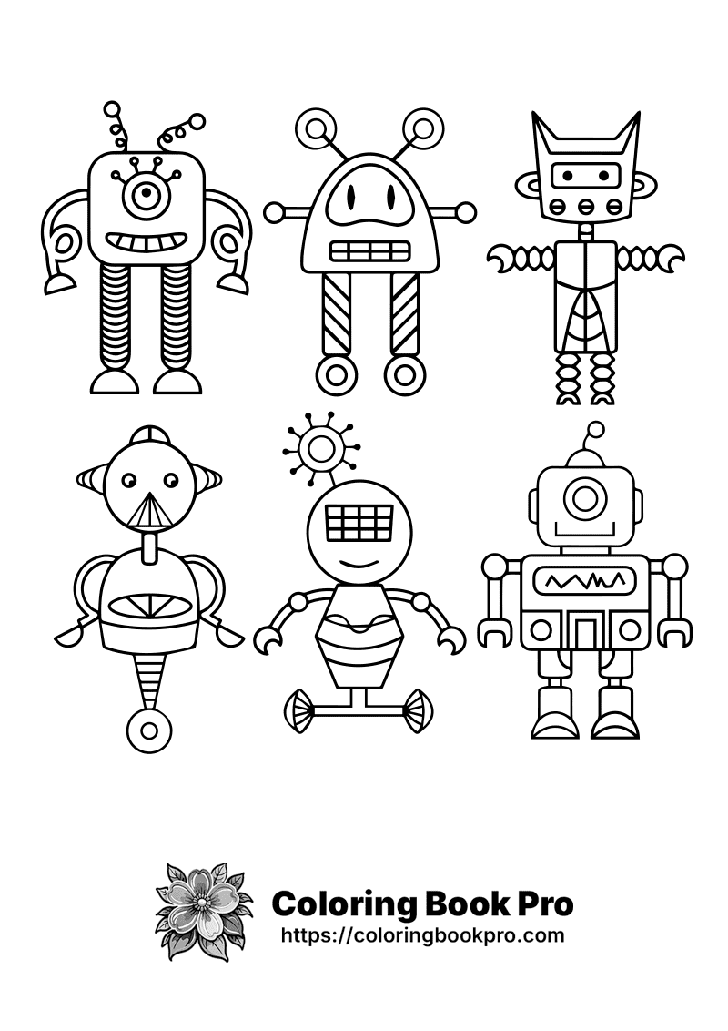 A set of six robots in black and white. icon