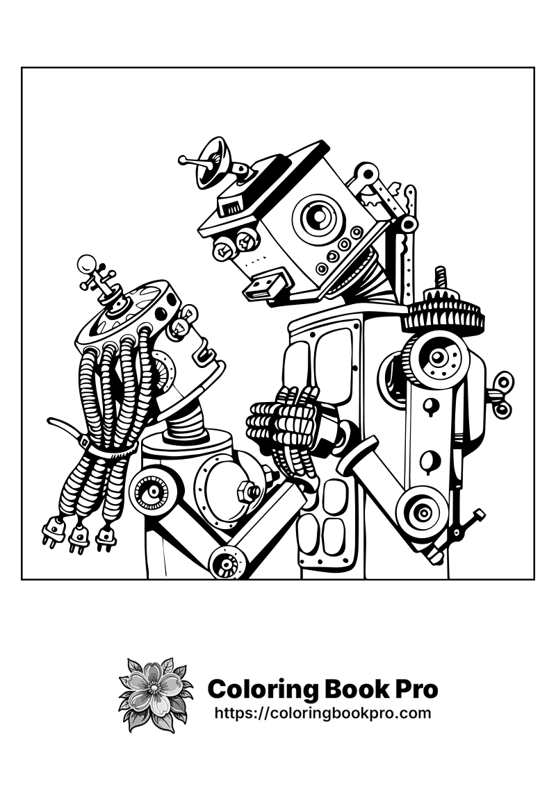 A black and white drawing of two robots. icon