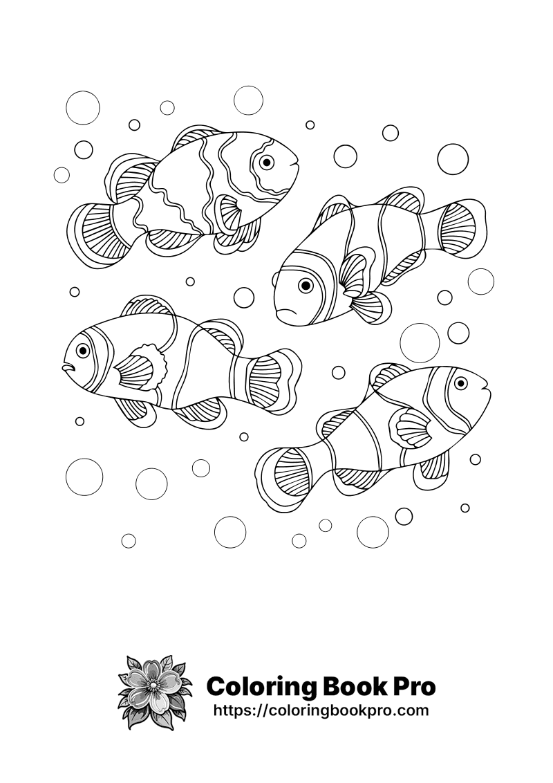 A coloring page of four fish swimming in the ocean icon