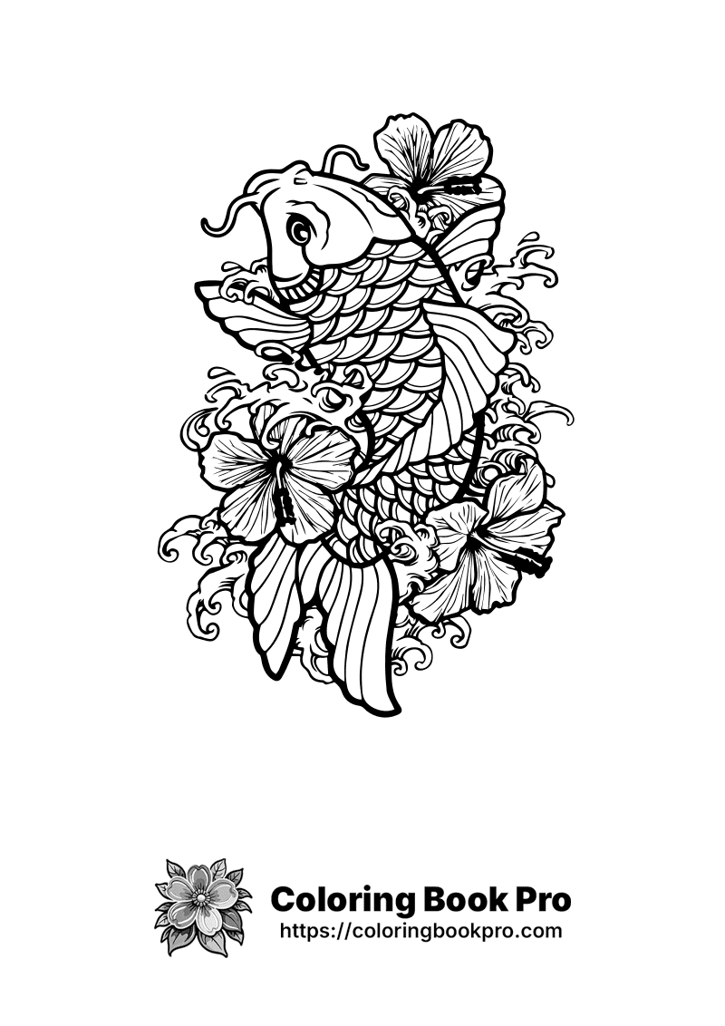 A black and white drawing of a fish and flowers. icon