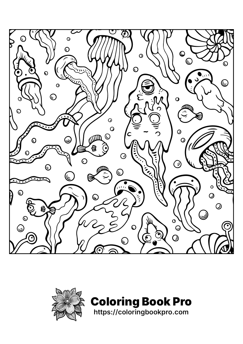 A black and white coloring page of sea creatures. icon