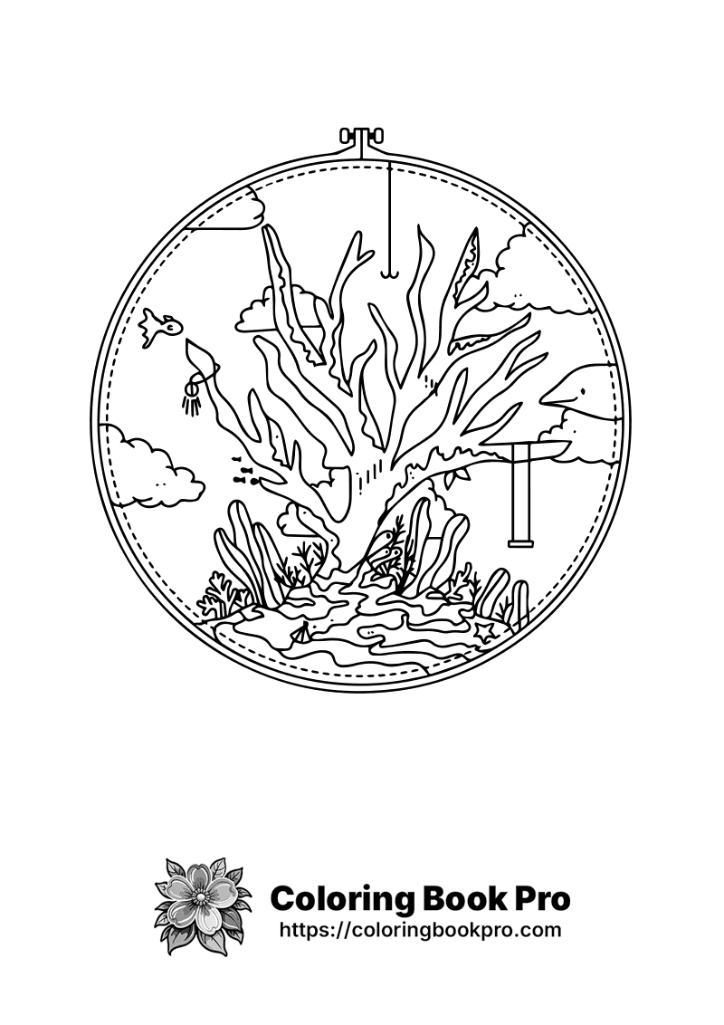 A black and white drawing of a tree in a circle. icon