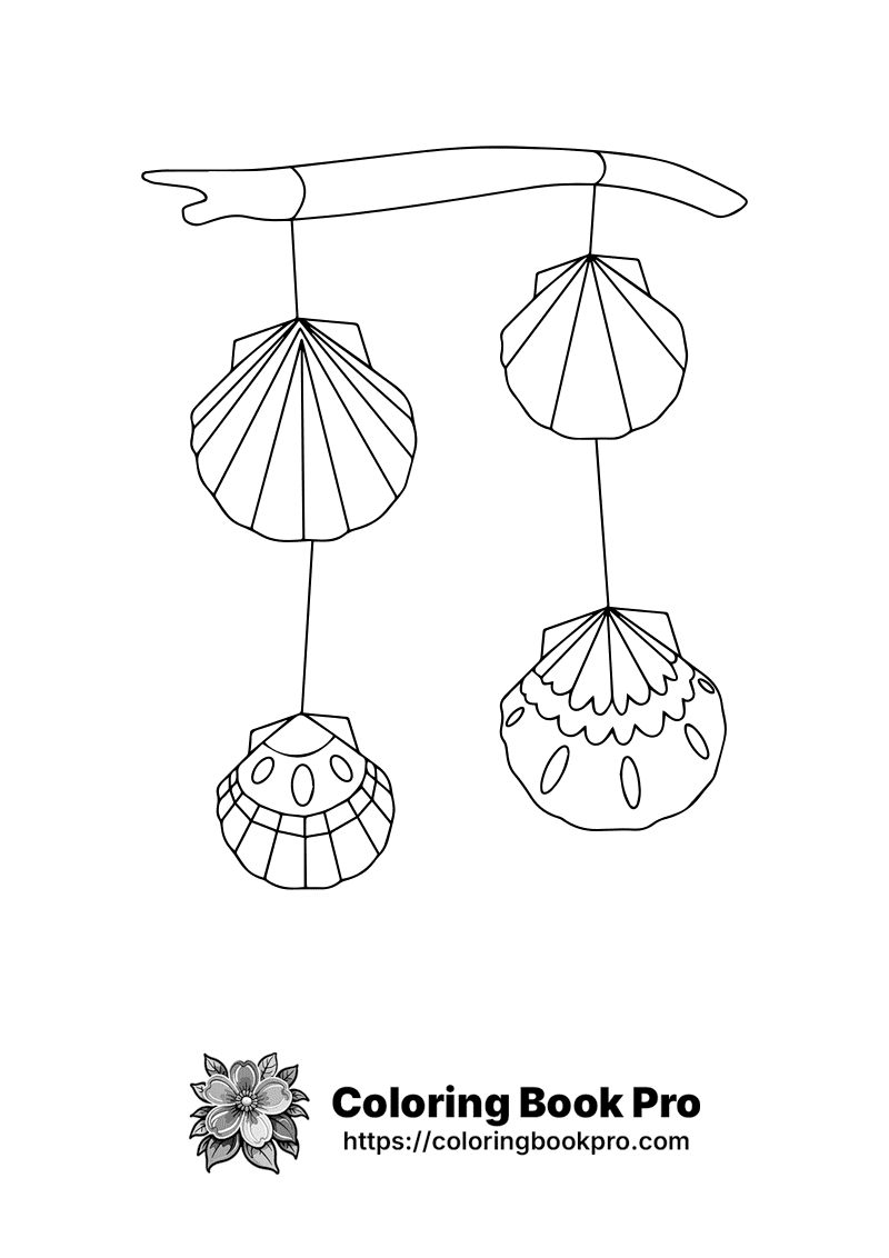 A line drawing of three seashells hanging from a string. icon