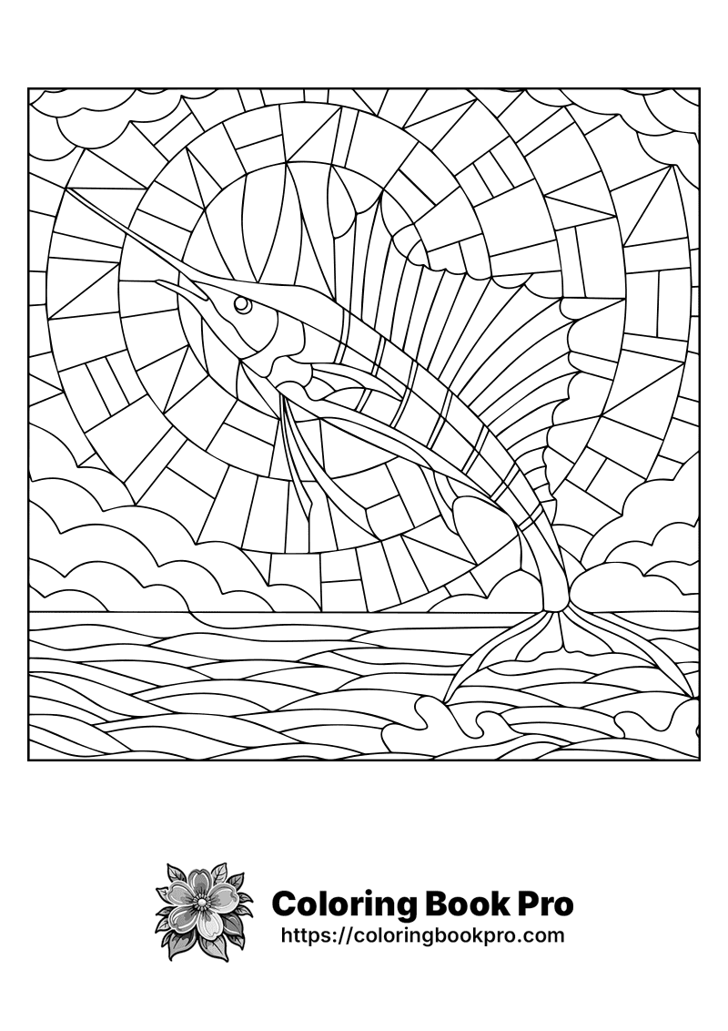 A stained glass image of a fish in the ocean. icon