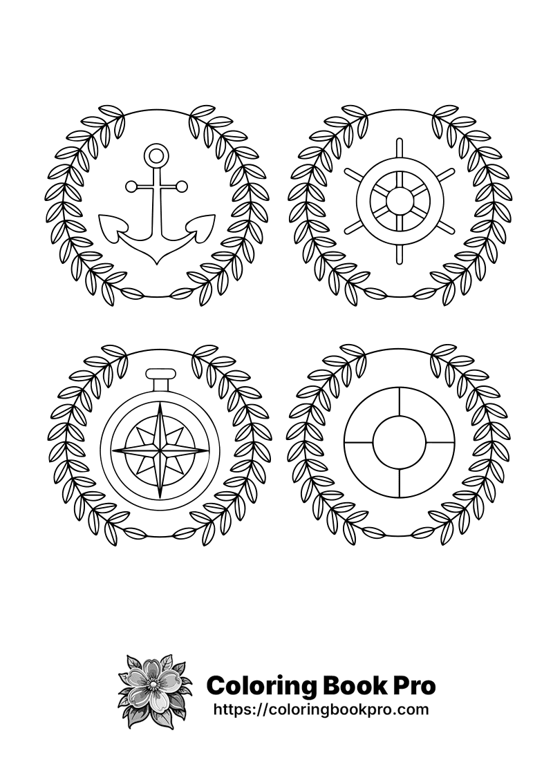 Four images of an anchor, ship wheel, compass, and a circle. icon